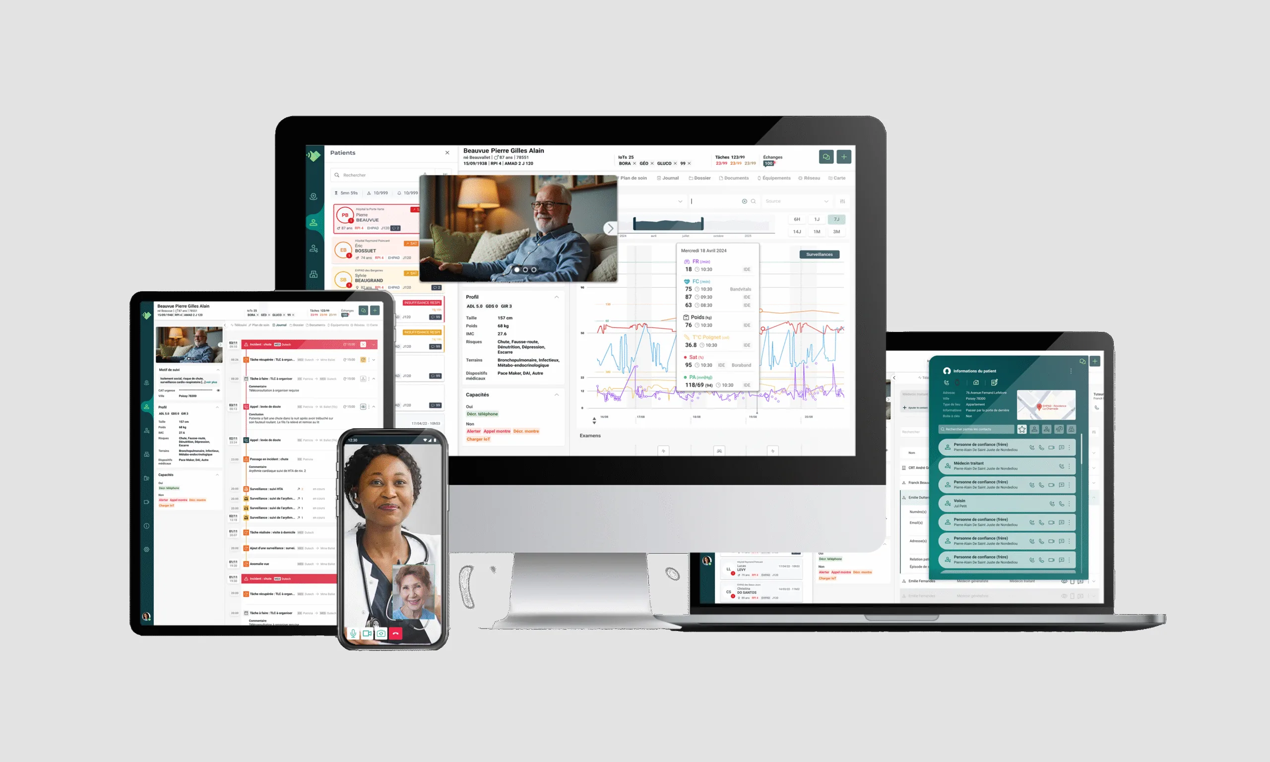 Plateforme de télésurveillance médicale EPOCA sur ordinateur, tablette et smartphone : dossier patient, constantes et téléconsultation