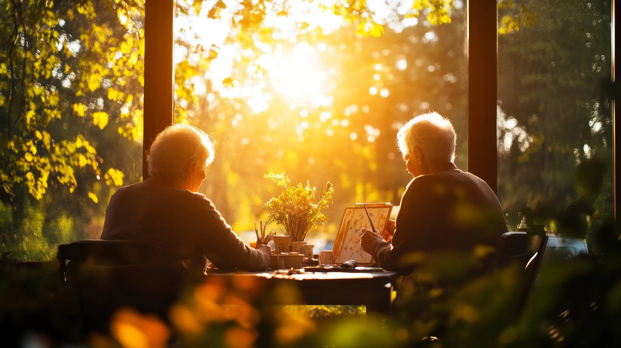 Deux seniors peignent à une table près d'une fenêtre ensoleillée